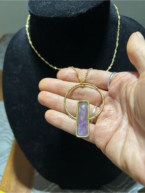 Gold Plated Necklace with unusual geometric genuine amethyst pendant